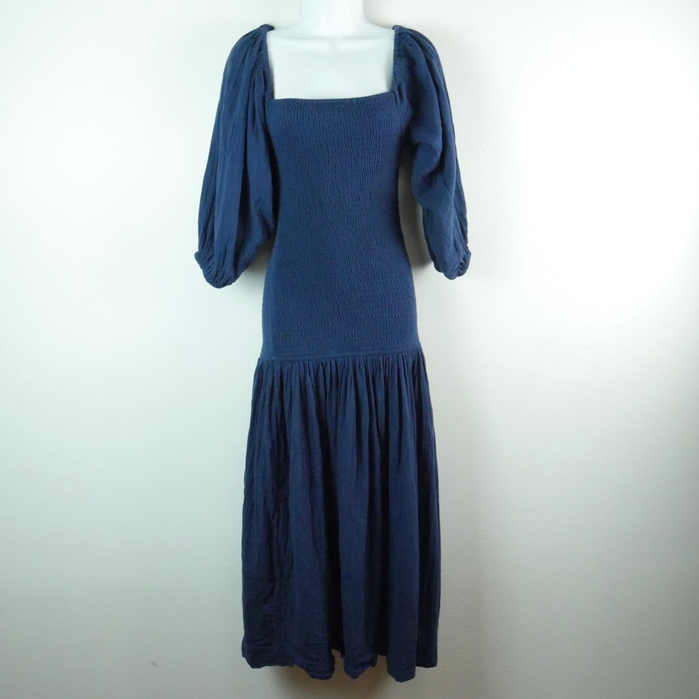 Rhode Harper Midi Dress Navy Blue Cotton Gauze Smocked Puff Sleeve Medium Resort